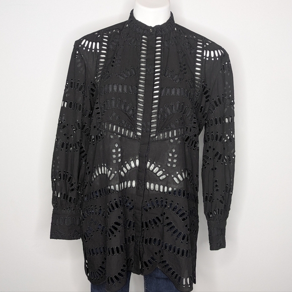 Charo Ruiz Jeky Blouse Black Eyelet Lace Button Up Cotton Blend Top S - Picture 1 of 11